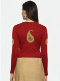 Women Back Printed Stretchable Full Sleeve V Neck RIB Blouse U0186 Burgandy