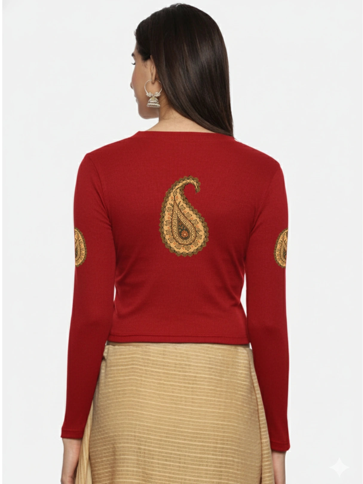 Women Back Printed Stretchable Full Sleeve V Neck RIB Blouse U0186