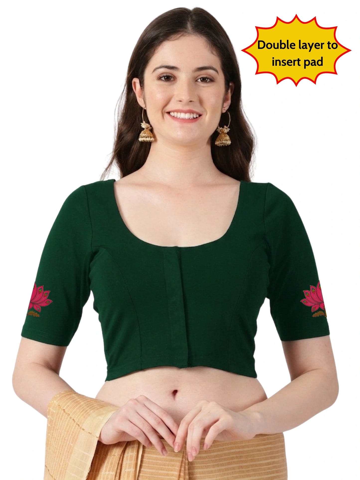 Women Front Open Back Printed Stretchable Half Sleeve Blouse U0259 Bottle Green