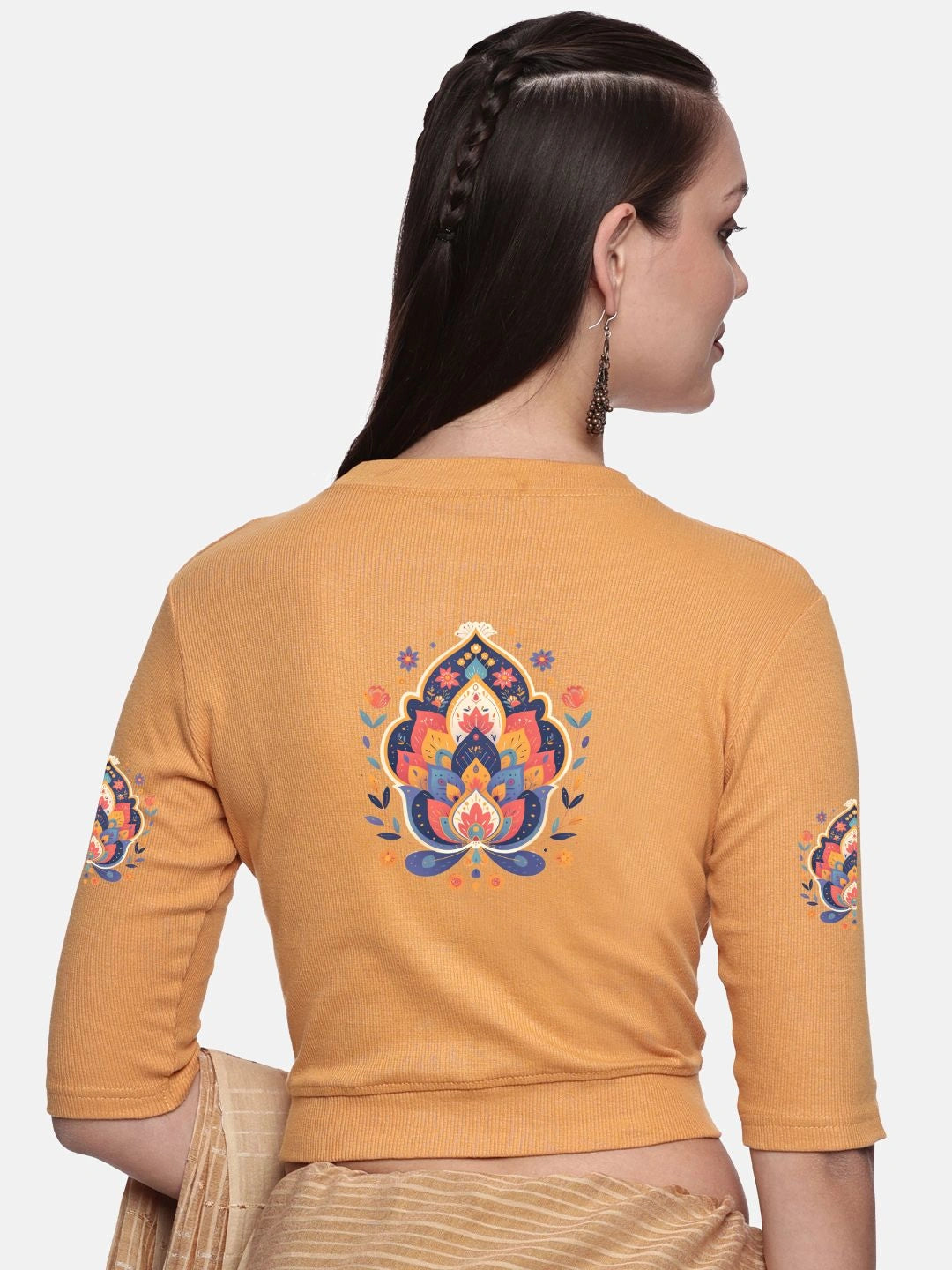 Women Back Printed Stretchable Elbow Sleeve RIB Blouse U0157