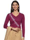 Women Back Printed Stretchable Full Sleeve V Neck RIB Blouse U0219 Wine Pink