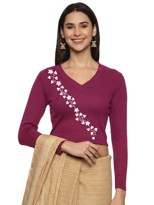 Women Back Printed Stretchable Full Sleeve V Neck RIB Blouse U0219 Wine Pink