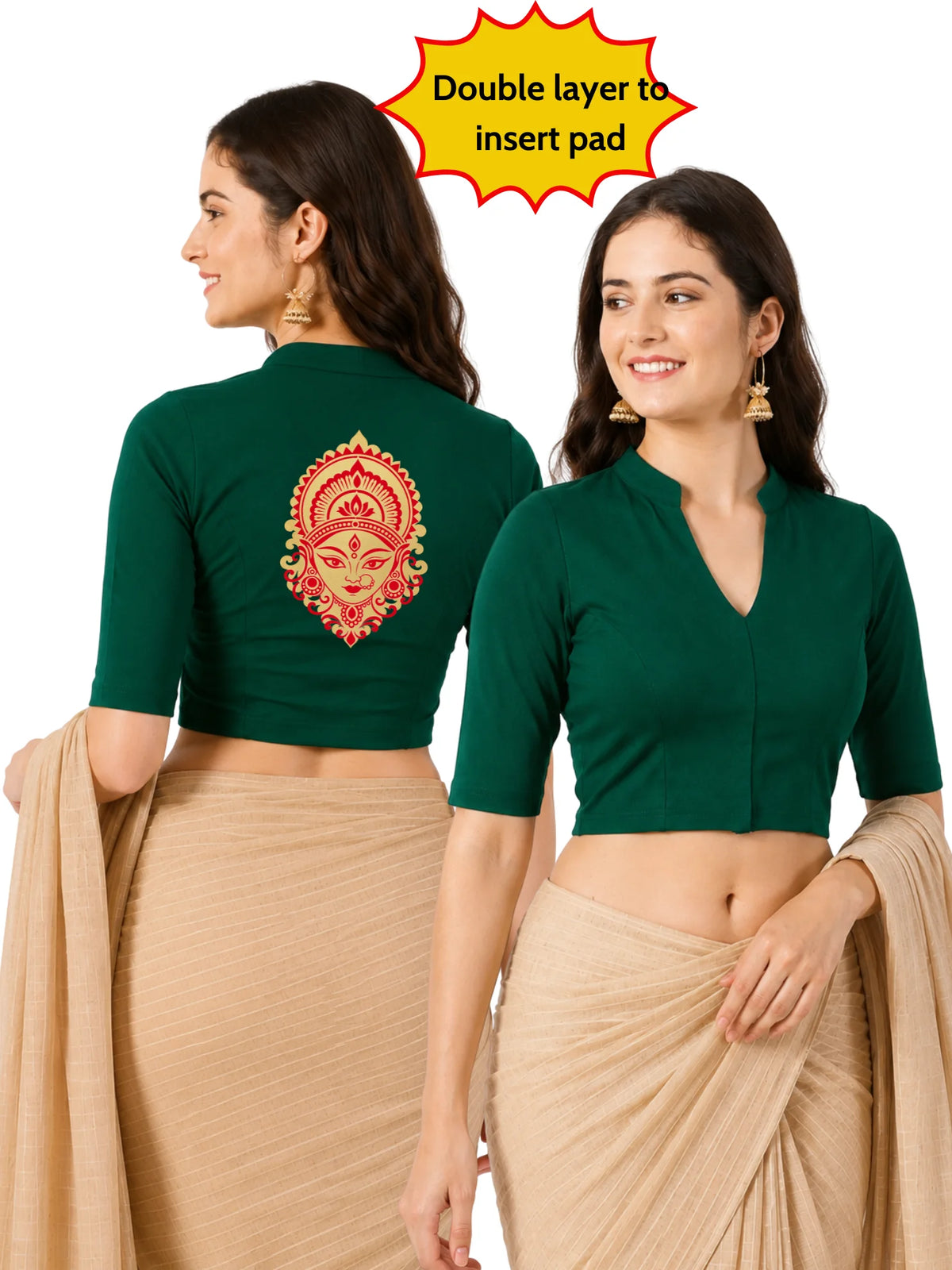 Women Mandarin Collar Back Gold Printed Stretchable Elbow Sleeve Blouse M0277 Bottle Green