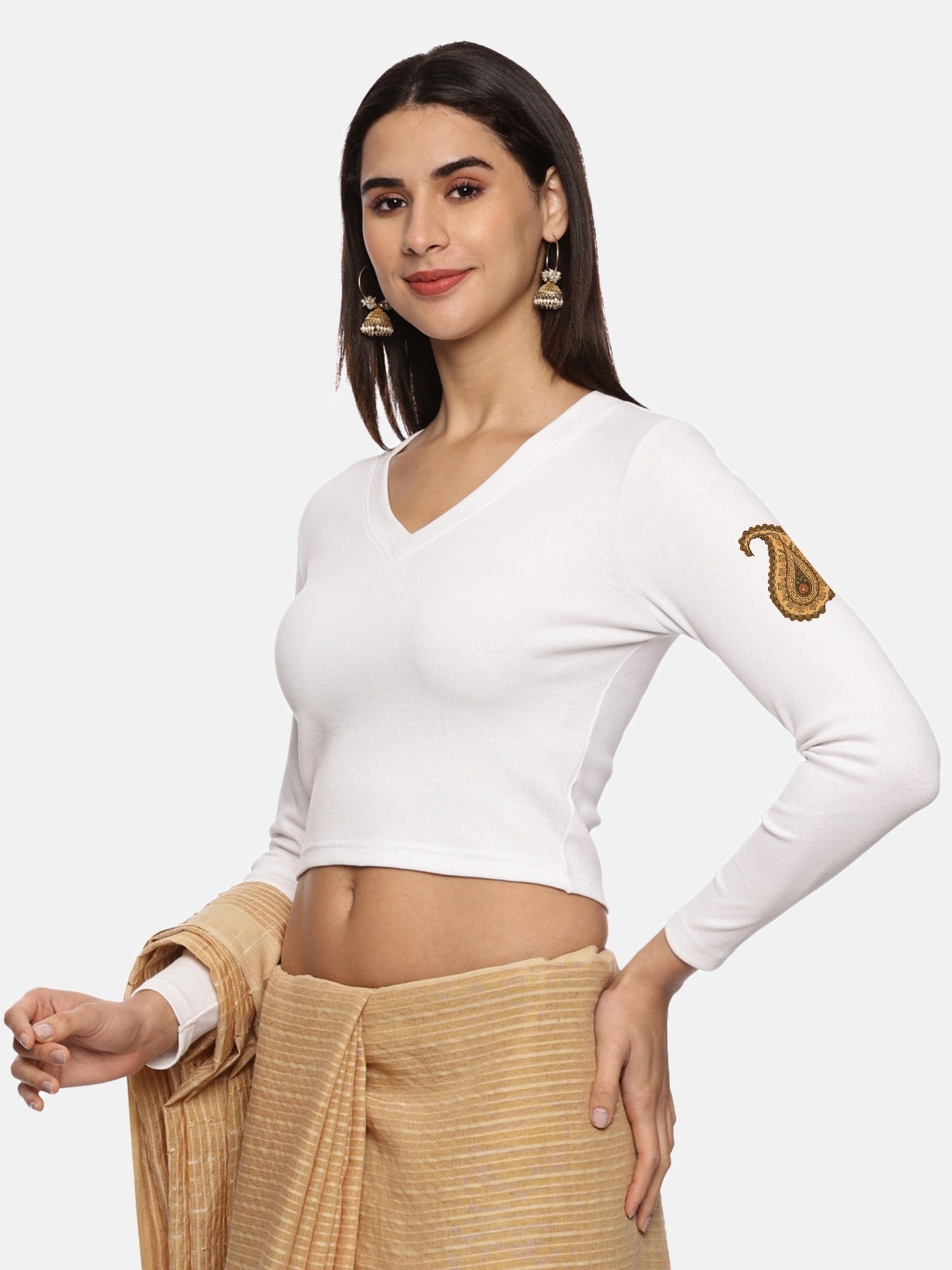 Women Back Printed Stretchable Full Sleeve V Neck RIB Blouse U0186 White