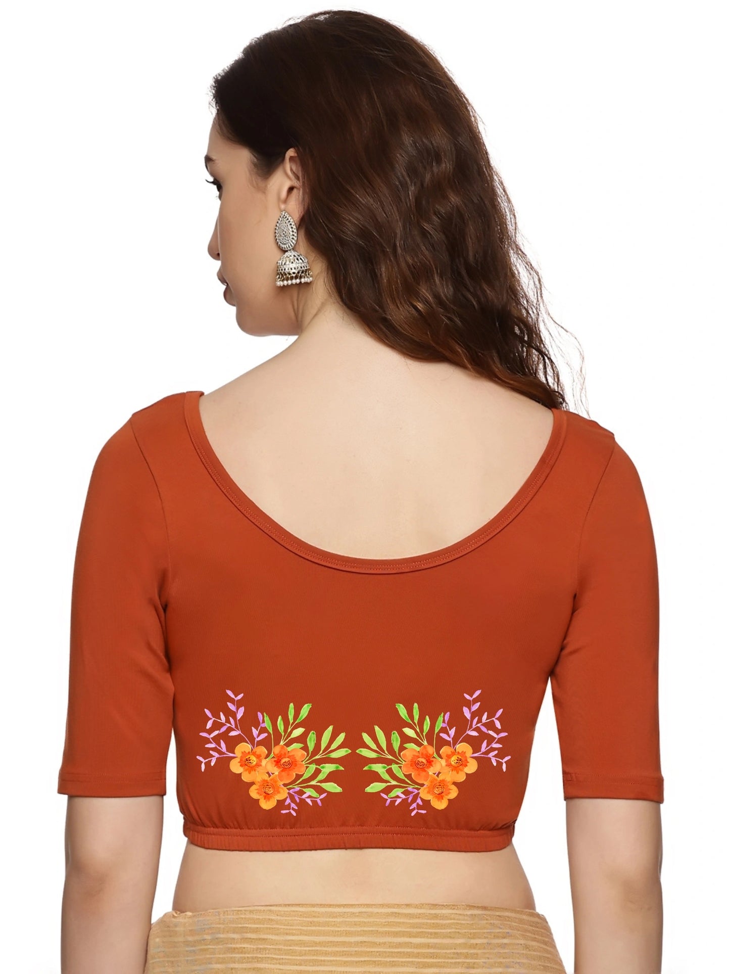 Women Back Printed Stretchable Half Sleeve Blouse U0227 Rust
