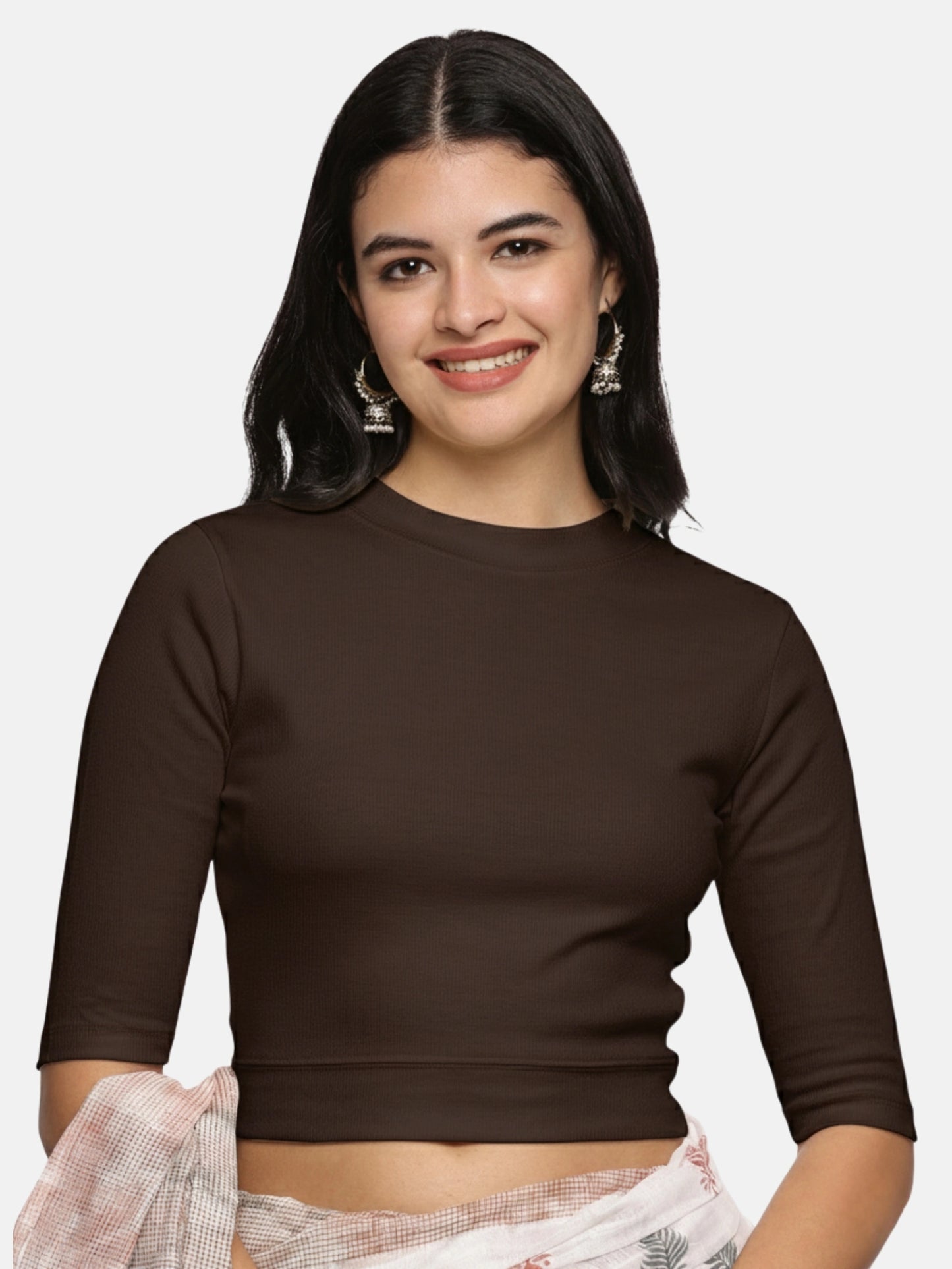 Women Back Printed Stretchable Elbow Sleeve RIB Blouse U0160 Coffee Brown