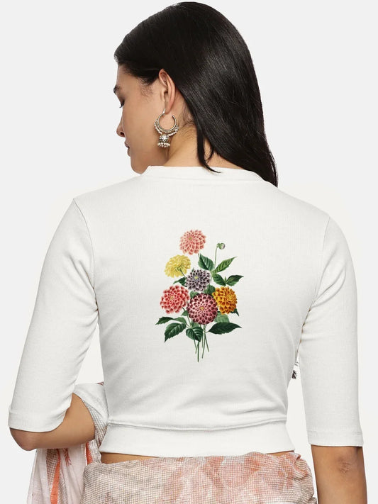 Women Back Printed Stretchable Elbow Sleeve RIB Blouse U0171 - notyetbyus
