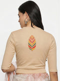 Women Back Printed Stretchable Elbow Sleeve RIB Blouse U0252 Chikoo