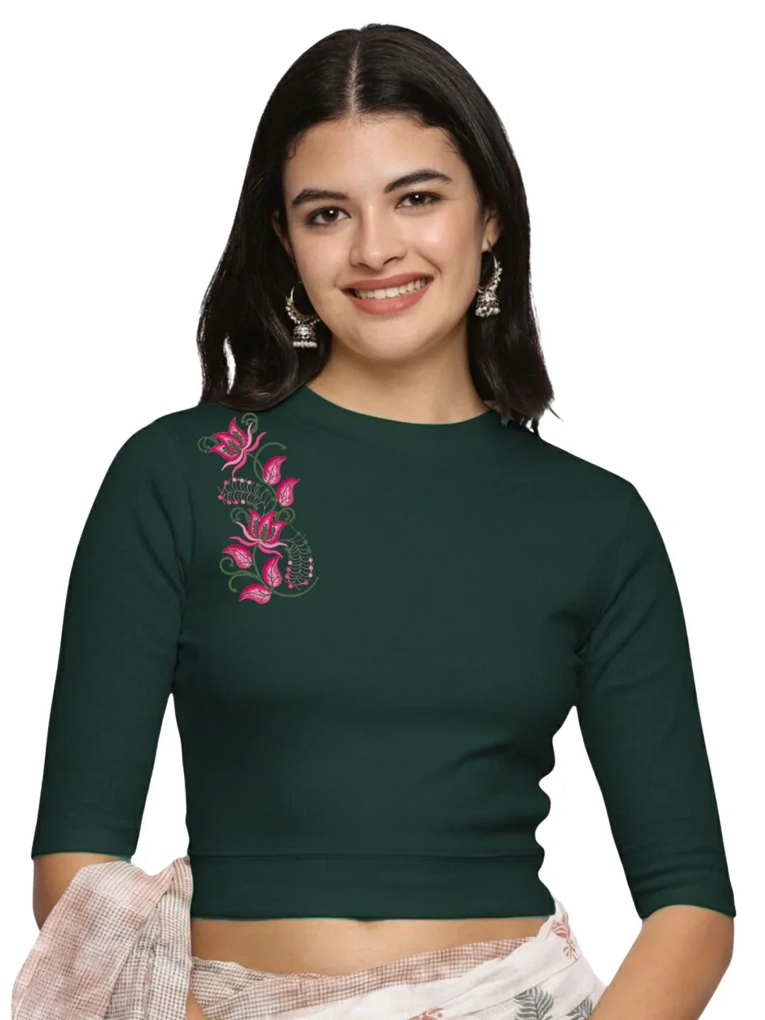 Women Back Printed Stretchable Elbow Sleeve RIB Blouse U0117 - notyetbyus