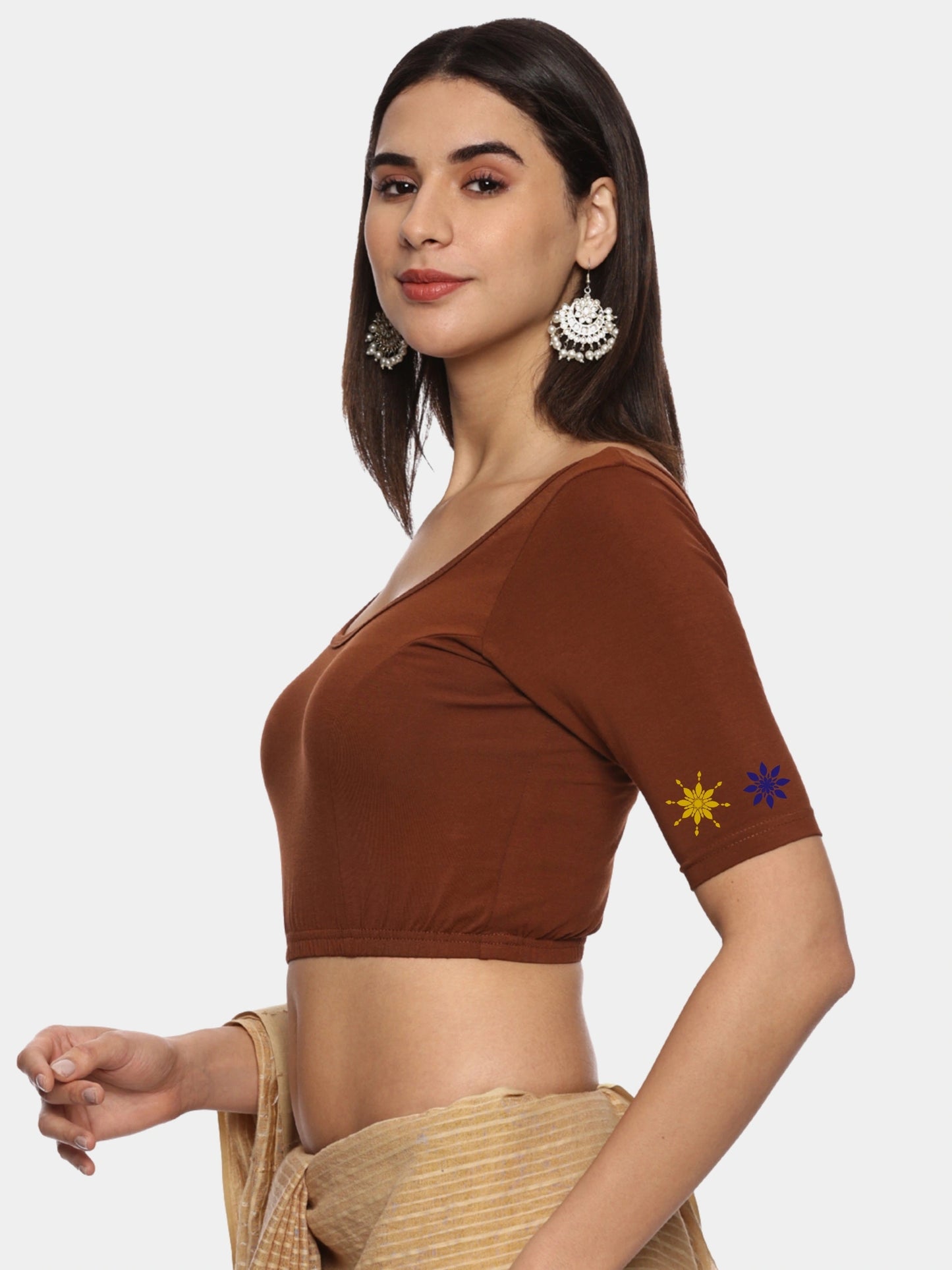 Women Back Printed Stretchable Half Sleeve Blouse U0193 Honey Brown