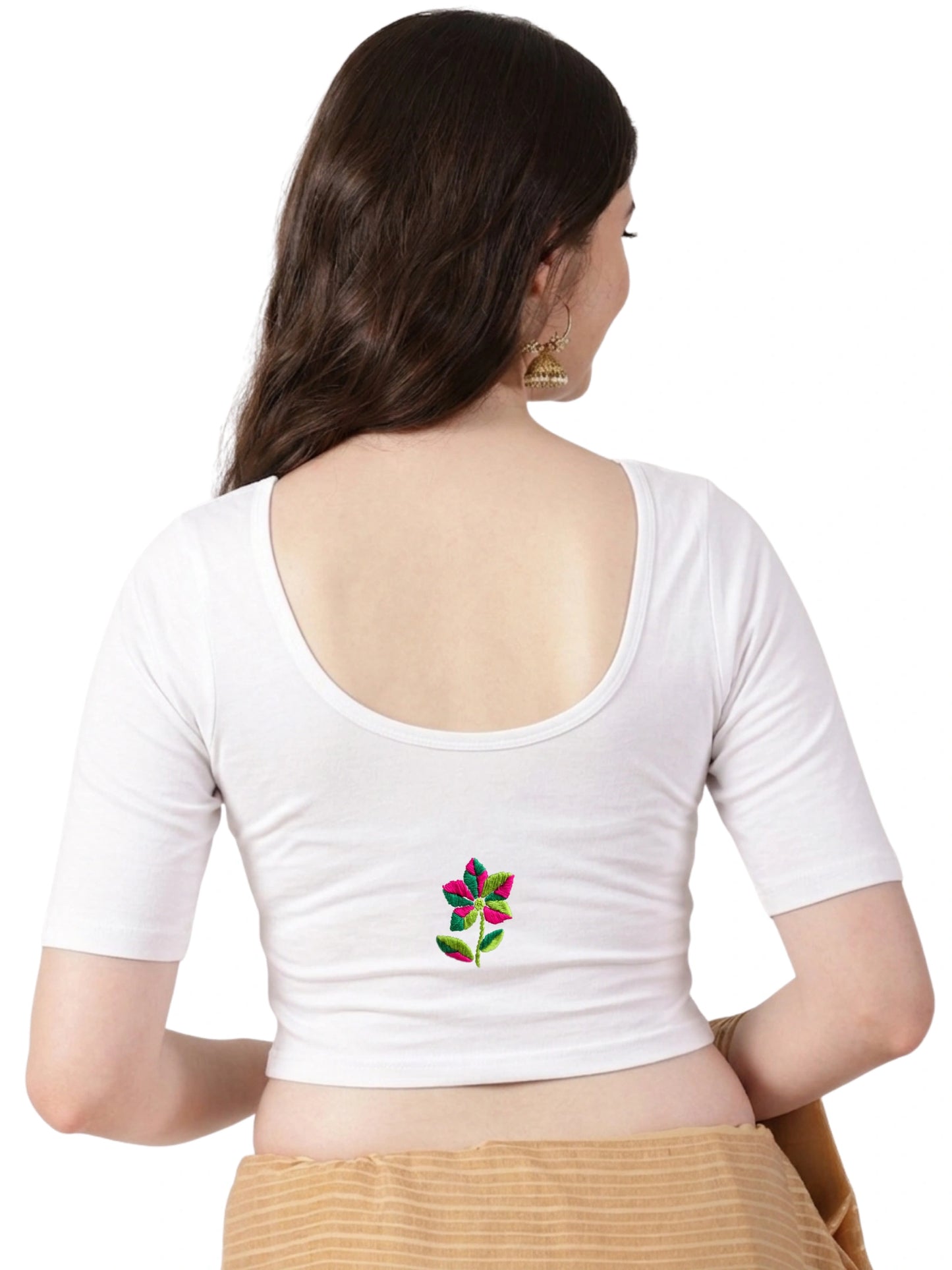 DIY Embroidery Kit with Women Front Open Stretchable Half Sleeve Blouse E03 – White