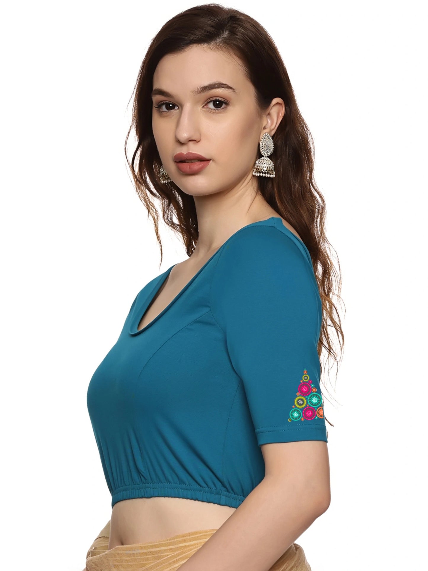 Women Back Printed Stretchable Half Sleeve Blouse U0173 peacock