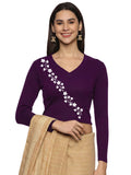 Women Back Printed Stretchable Full Sleeve V Neck RIB Blouse U0219 Violet