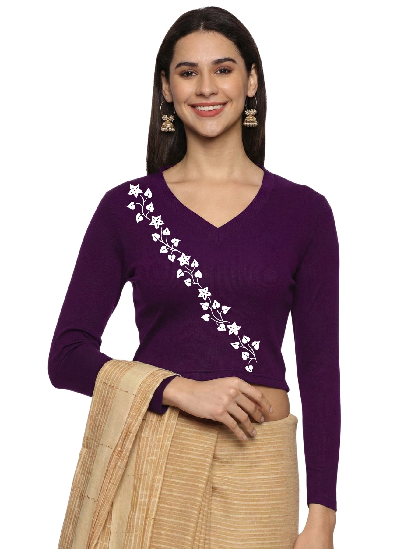 Women Back Printed Stretchable Full Sleeve V Neck RIB Blouse U0219 Violet