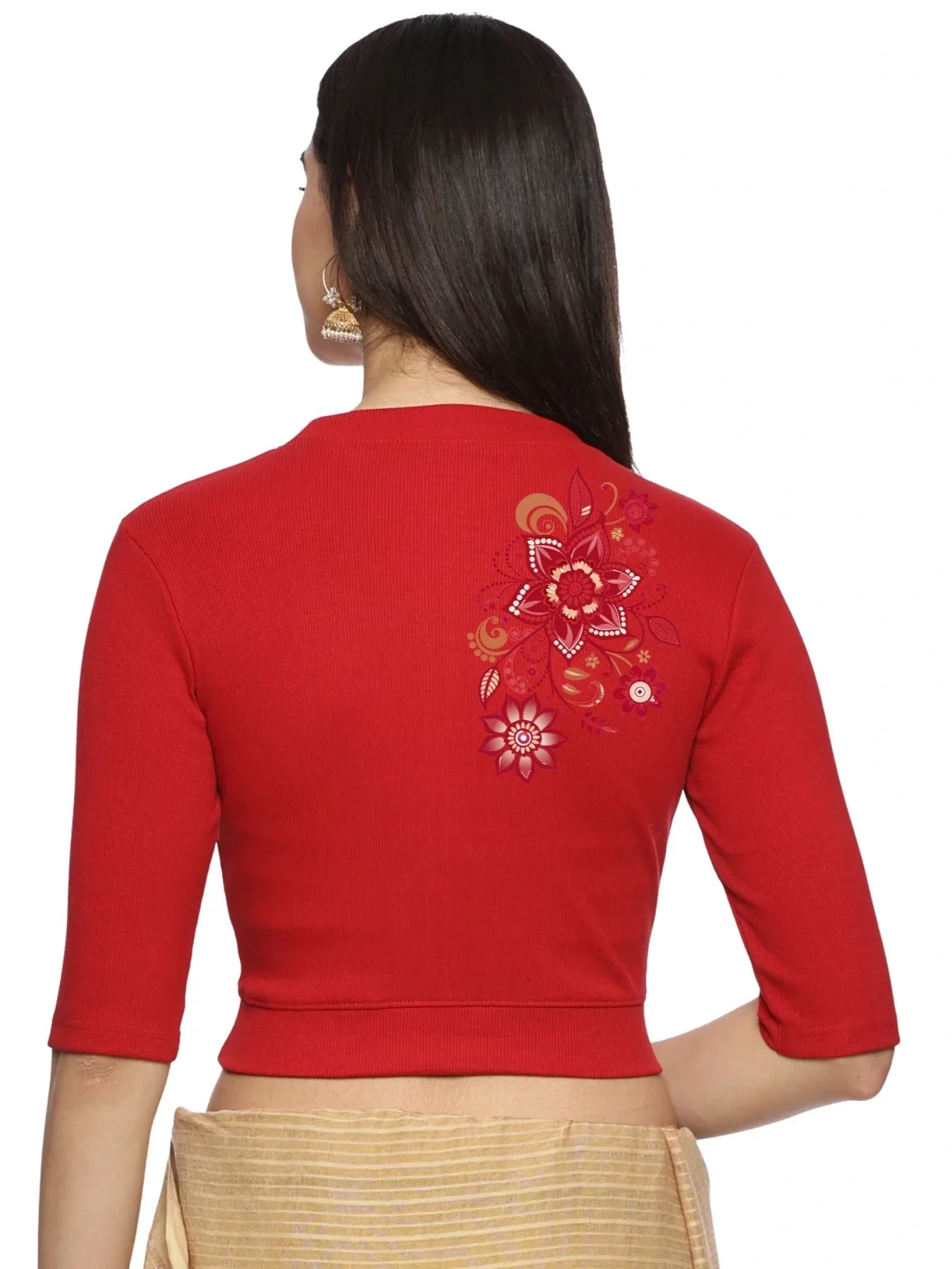 Women Back Printed Stretchable Elbow Sleeve RIB Blouse U0122 - notyetbyus
