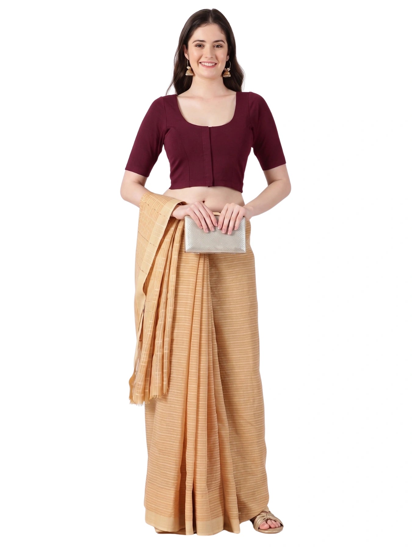 DIY Embroidery Kit with Women Front Open Stretchable Half Sleeve Blouse E02 – Maroon