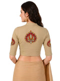 Women Mandarin Collar Back Printed Stretchable Elbow Sleeve Blouse U0269 Beige