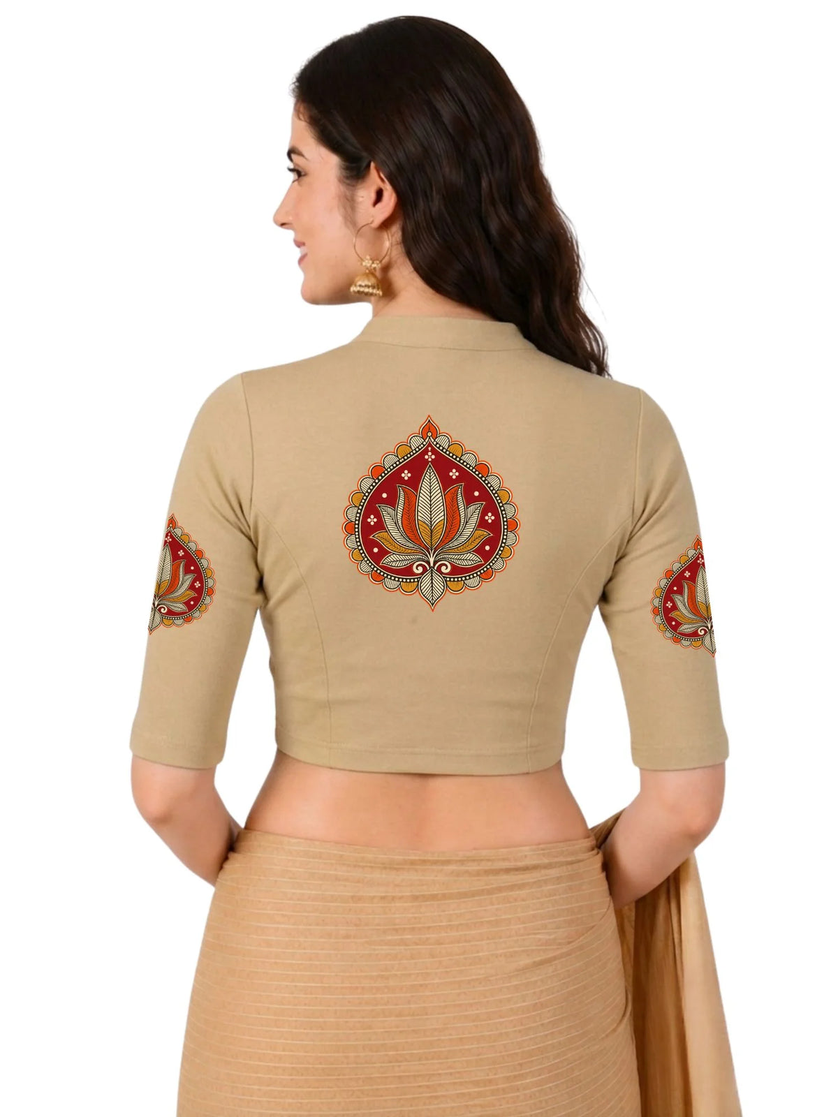Women Mandarin Collar Back Printed Stretchable Elbow Sleeve Blouse U0269 Beige