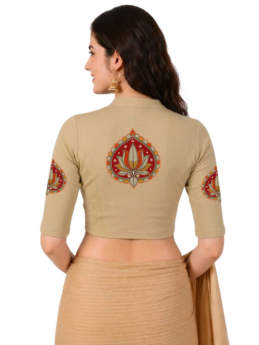 Women Mandarin Collar Back Printed Stretchable Elbow Sleeve Blouse U0269 Beige