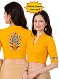 Women Mandarin Collar Back Printed Stretchable Elbow Sleeve Blouse U0280 Golden Yellow