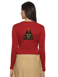 Women Back Printed Stretchable Full Sleeve V Neck RIB Blouse U0192 Red
