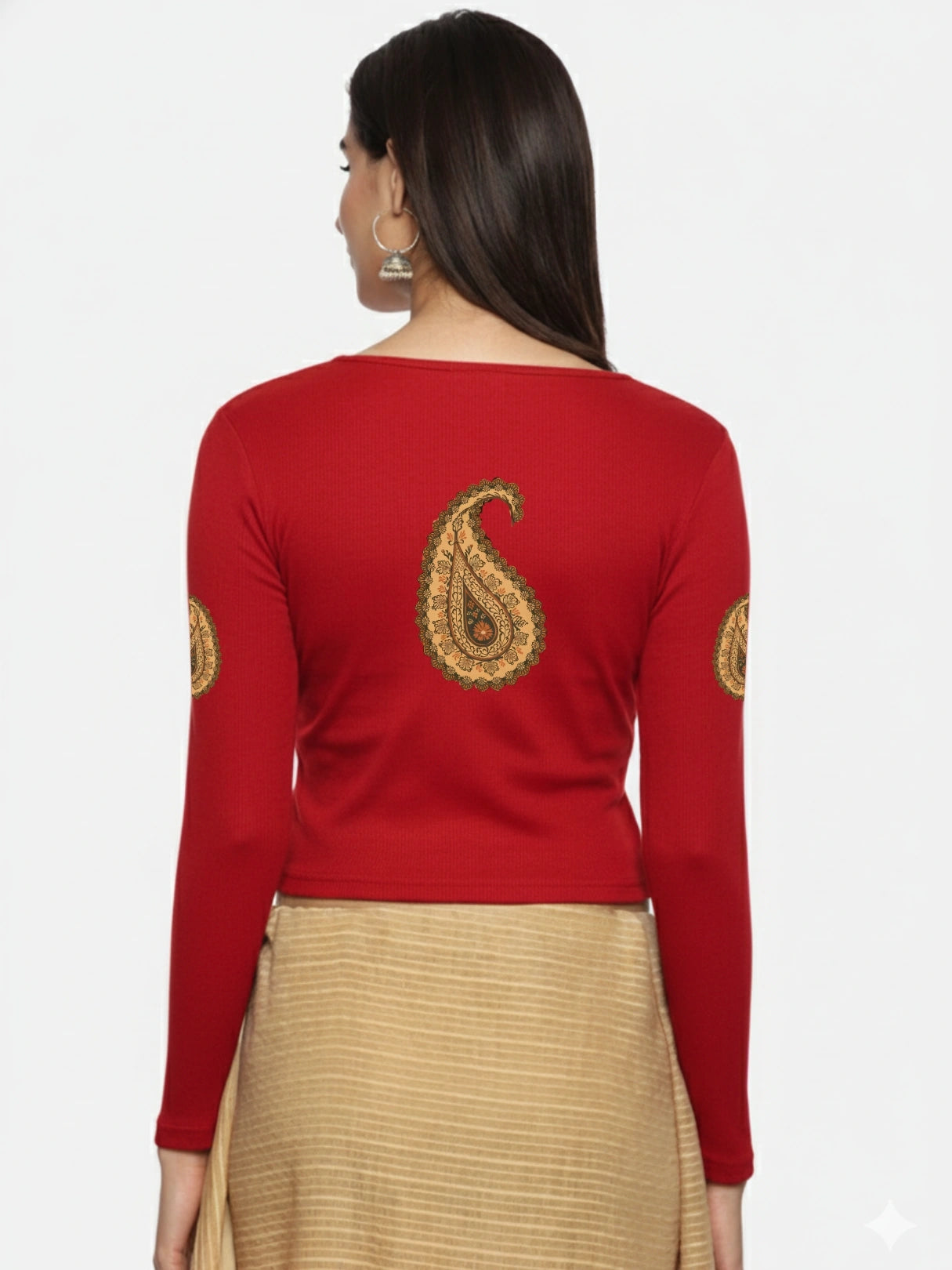 Women Back Printed Stretchable Full Sleeve V Neck RIB Blouse U0186