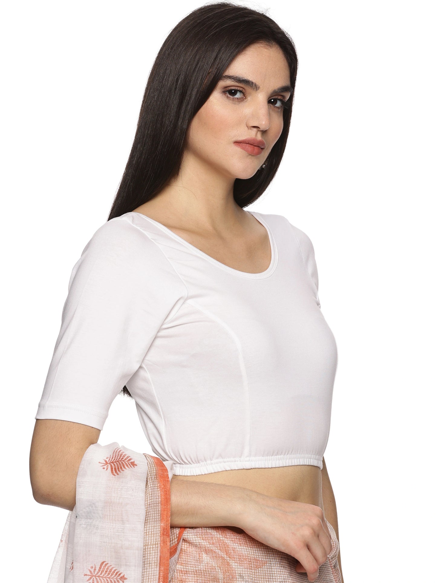 Women Plain Stretchable Half Sleeve Blouse U01A White