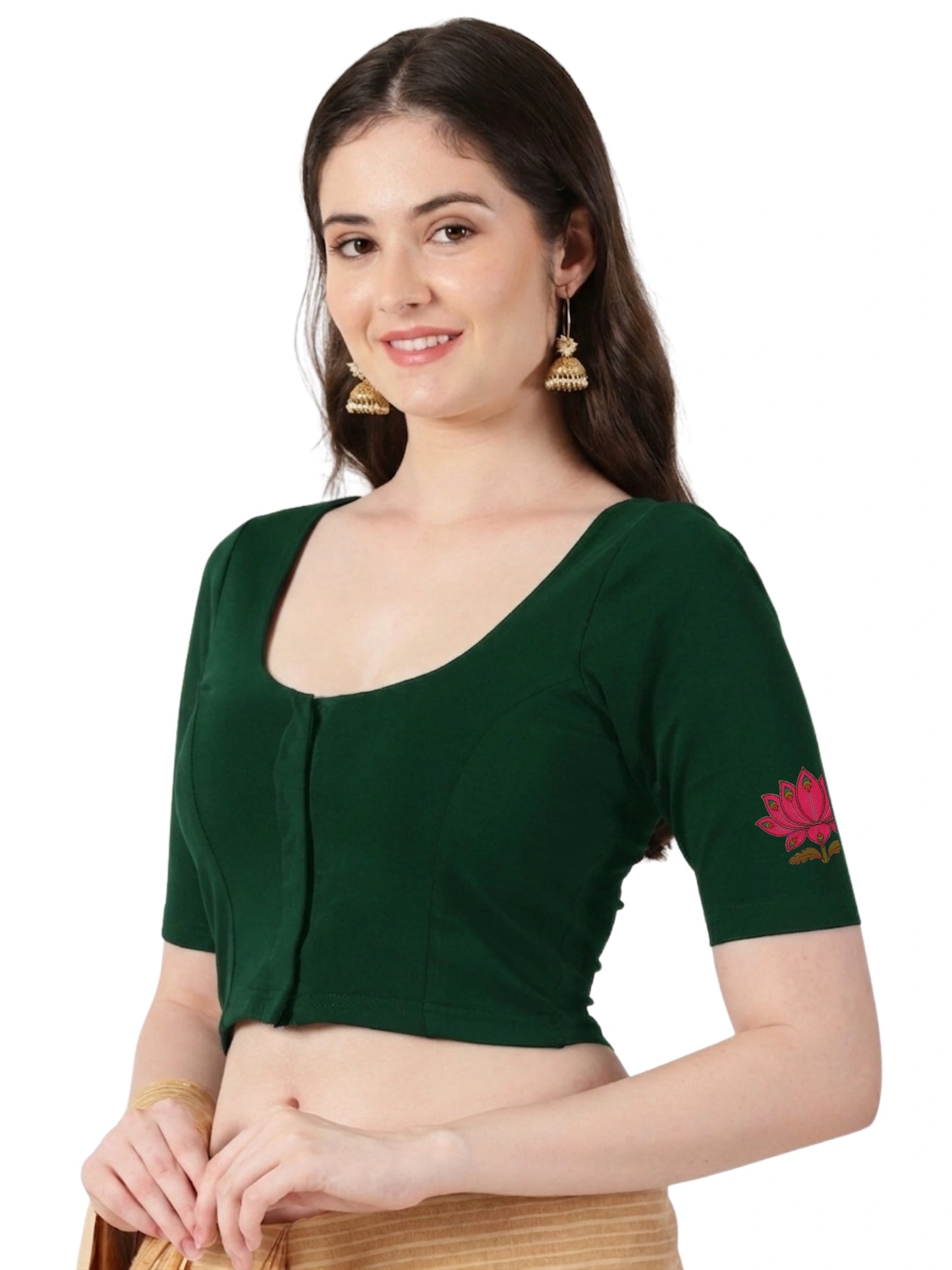 Women Front Open Back Printed Stretchable Half Sleeve Blouse U0259 Bottle Green