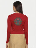 Women Back Printed Stretchable Full Sleeve V Neck RIB Blouse U0188 Red