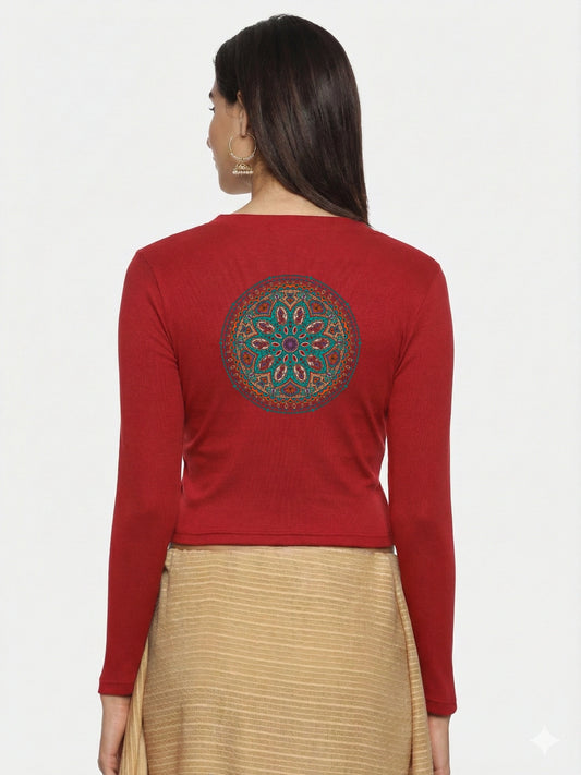 Women Back Printed Stretchable Full Sleeve V Neck RIB Blouse U0188 Red