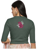 Women Back Printed Stretchable Elbow Sleeve RIB Blouse U0253 Khaki Green