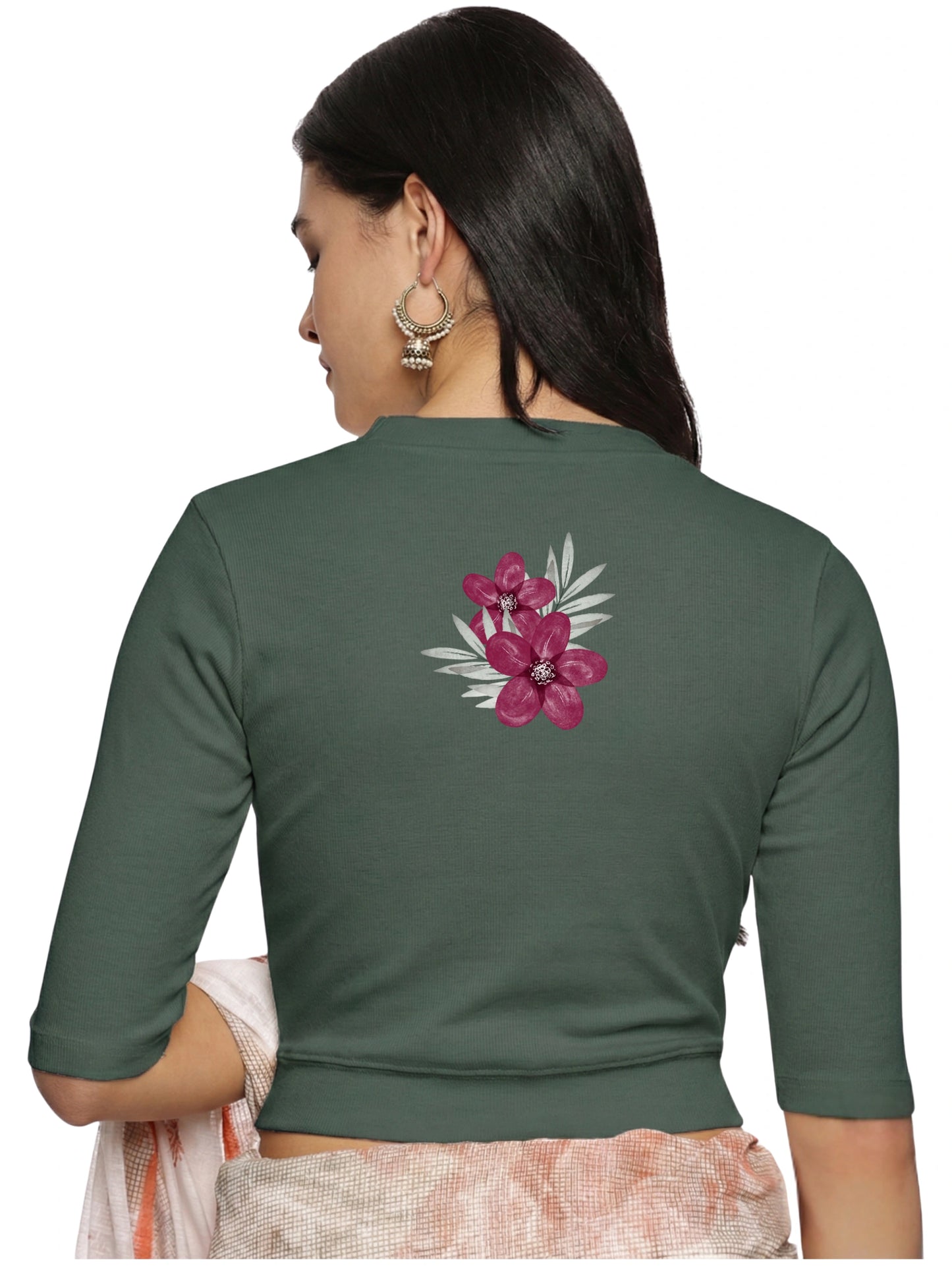 Women Back Printed Stretchable Elbow Sleeve RIB Blouse U0253 Khaki Green