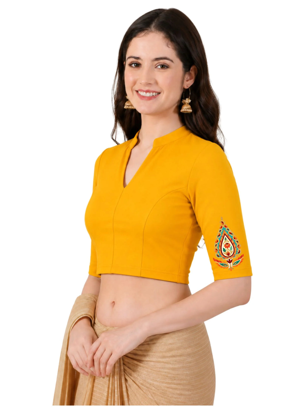 Women Mandarin Collar Back Printed Stretchable Elbow Sleeve Blouse U0279 Golden Yellow