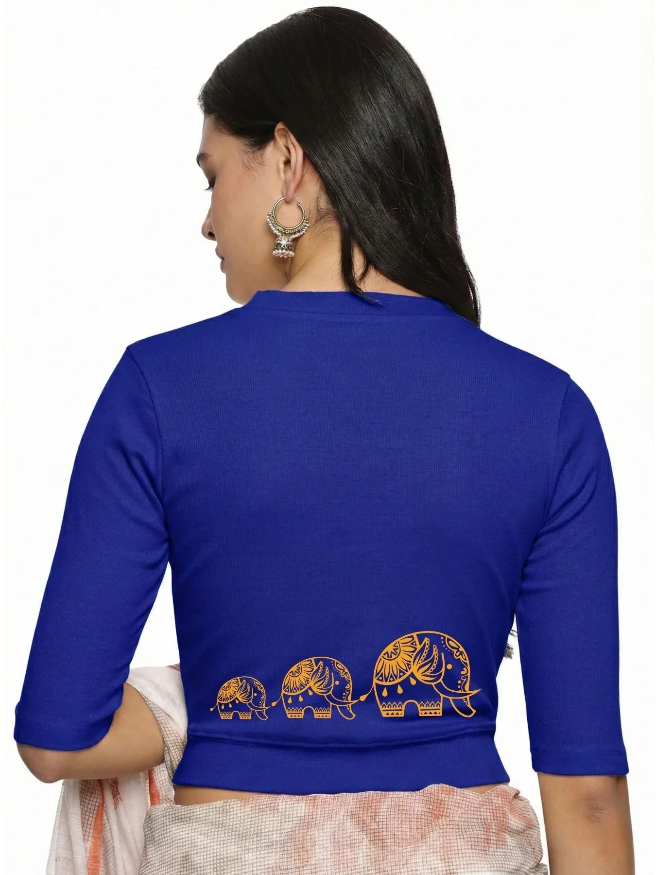 Women Back Printed Stretchable Elbow Sleeve RIB Blouse U0148 - notyetbyus