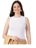 Women Plain Stretchable Sleeveless Close Neck RIB Blouse U0241 White