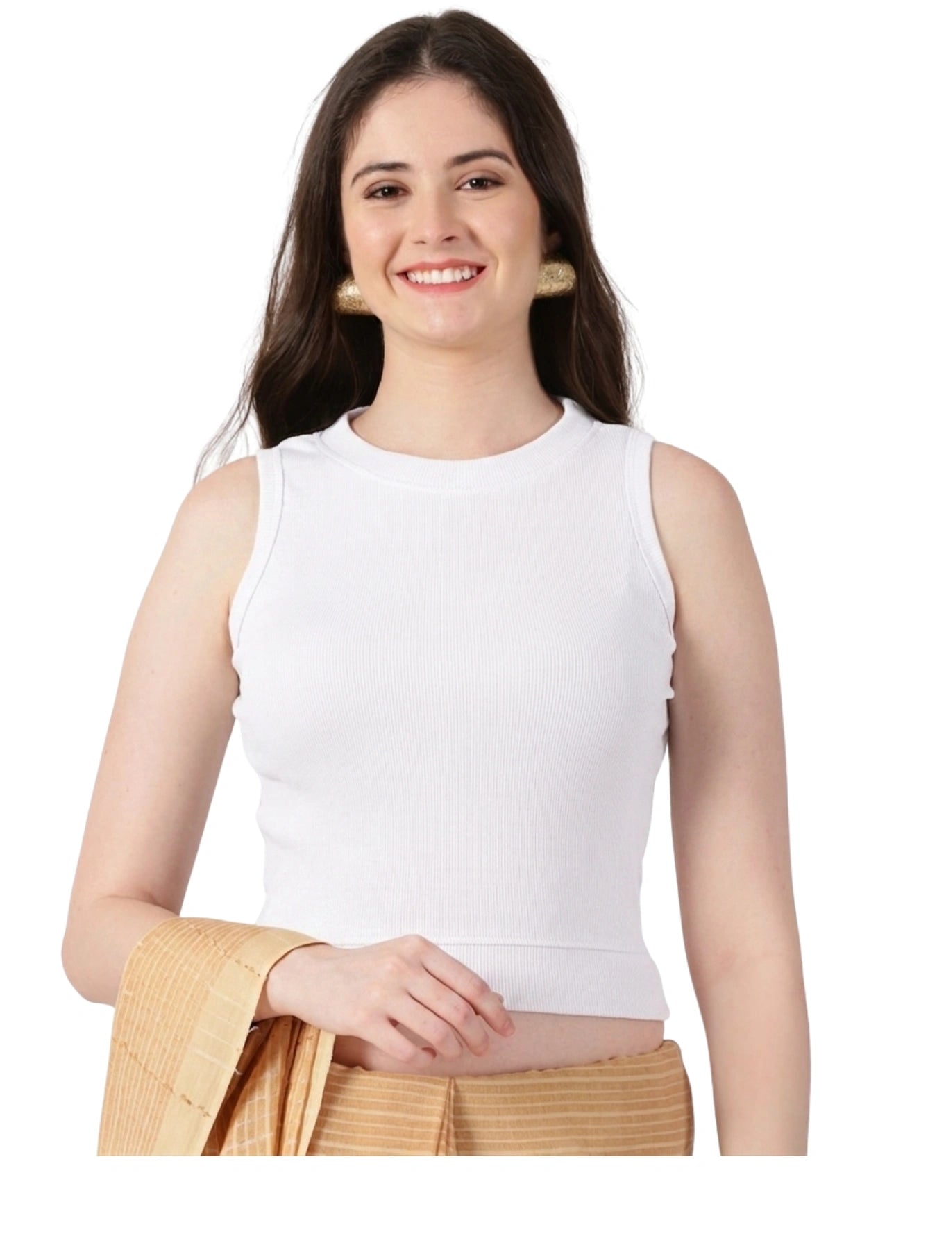 Women Back Printed Stretchable Sleeveless Close Neck RIB Blouse U0236 White
