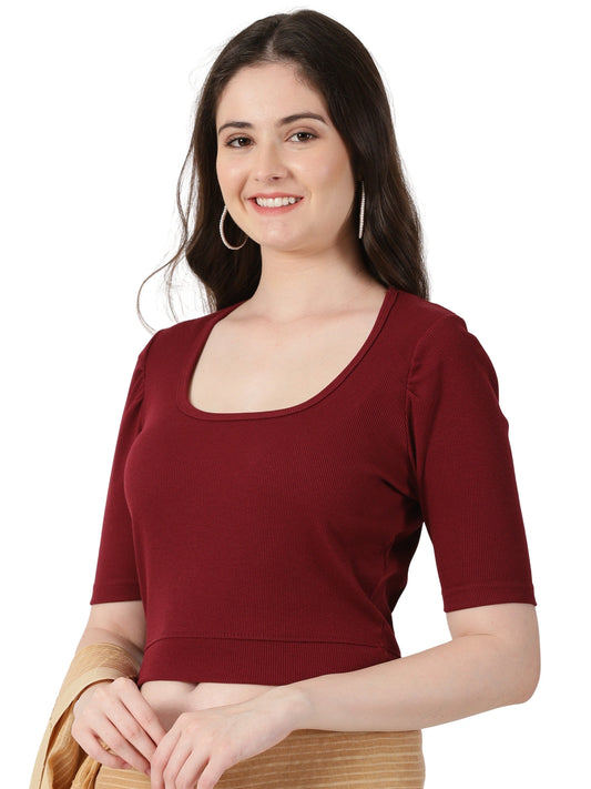 Women Plain Stretchable Rib Square Neck Puff Sleeve Blouse U0251 Maroon