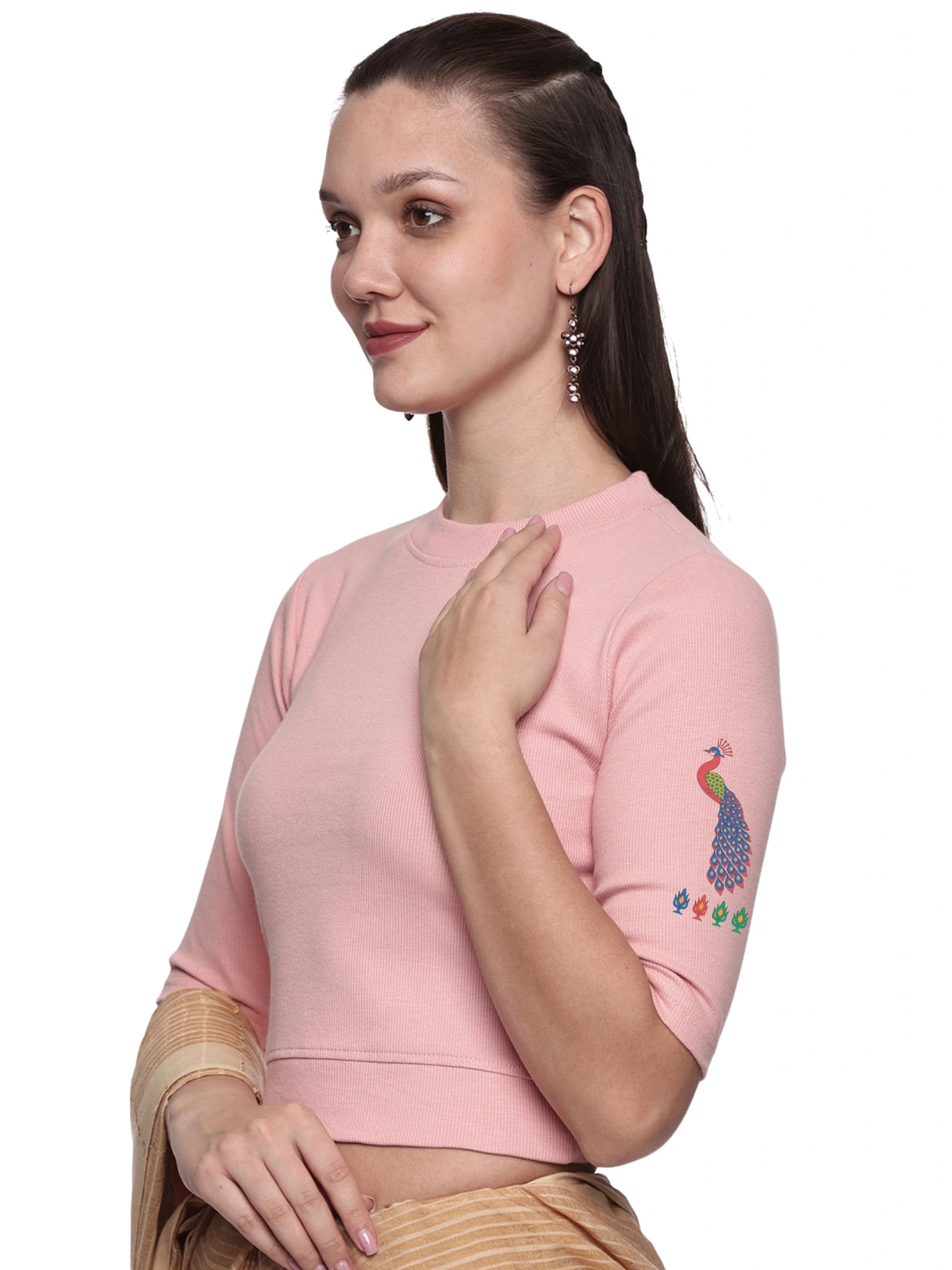 Women Back Printed Stretchable Elbow Sleeve RIB Blouse U0254 Blush Pink
