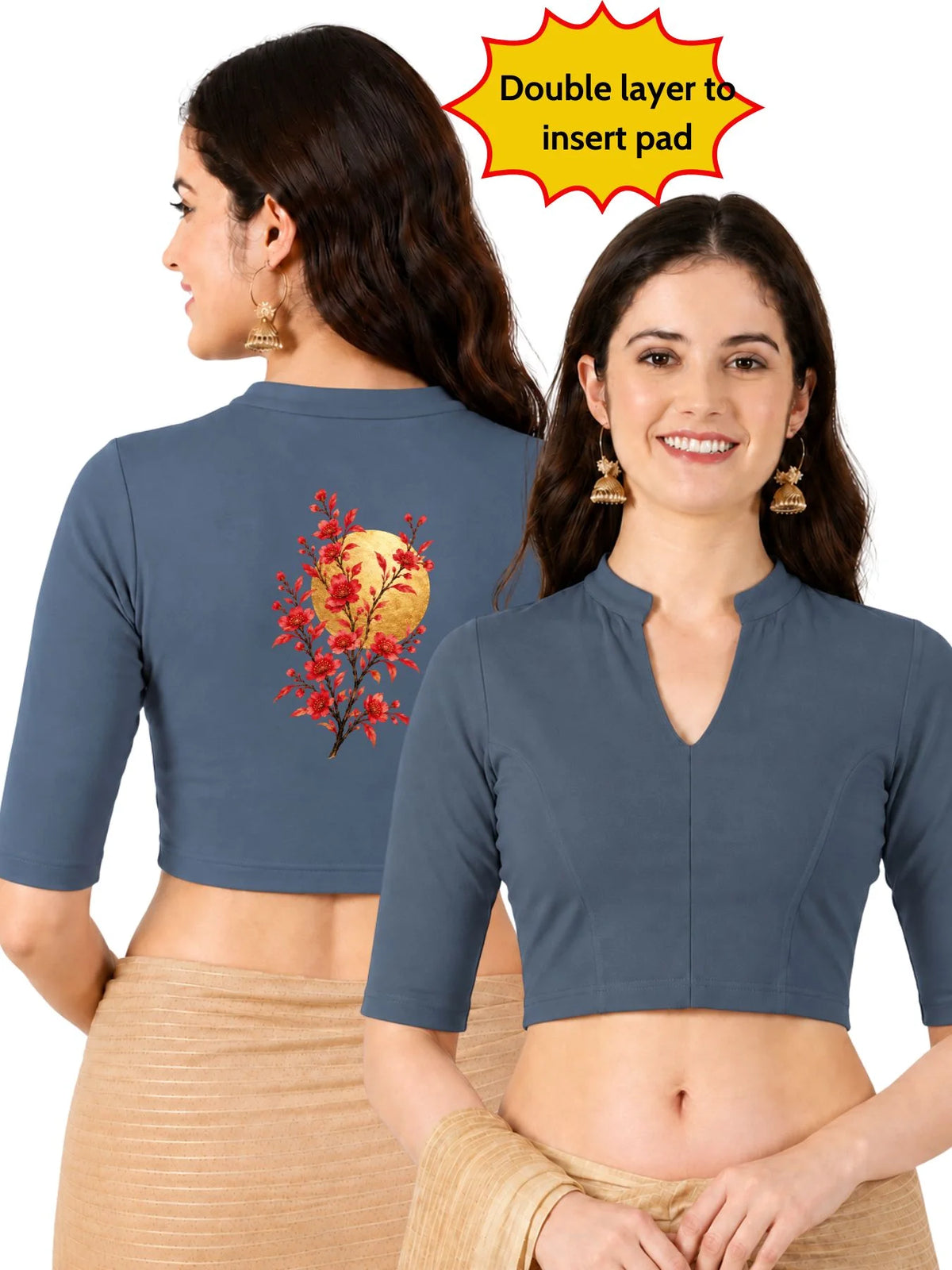 Women Mandarin Collar Back Gold Printed Stretchable Elbow Sleeve Blouse M0278 Elephant Grey