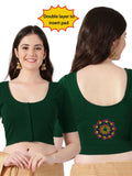DIY Embroidery Kit with Women Front Open Stretchable Half Sleeve Blouse E08– Bottle Green