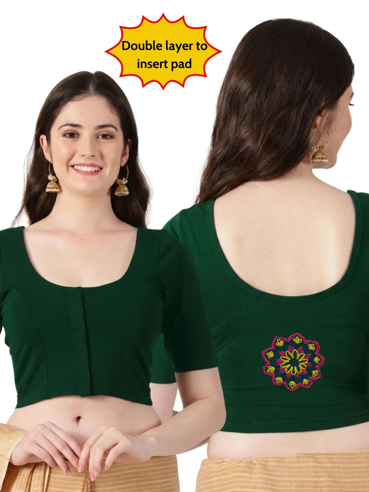 DIY Embroidery Kit with Women Front Open Stretchable Half Sleeve Blouse E08– Bottle Green