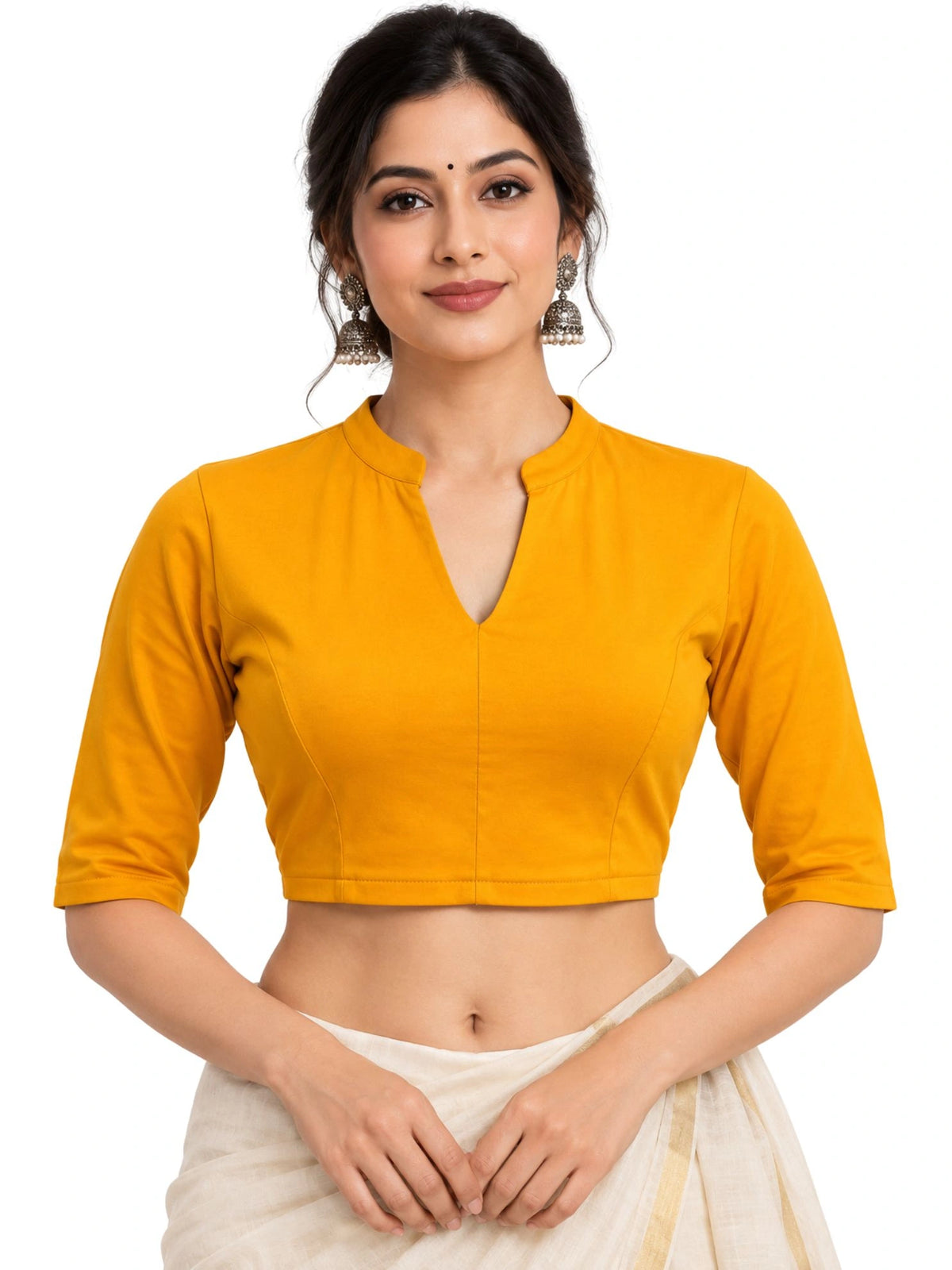 DIY Embroidery Kit with Women Mandarin Collar Back Printed Stretchable Elbow Sleeve Blouse E014 – Golden Yellow
