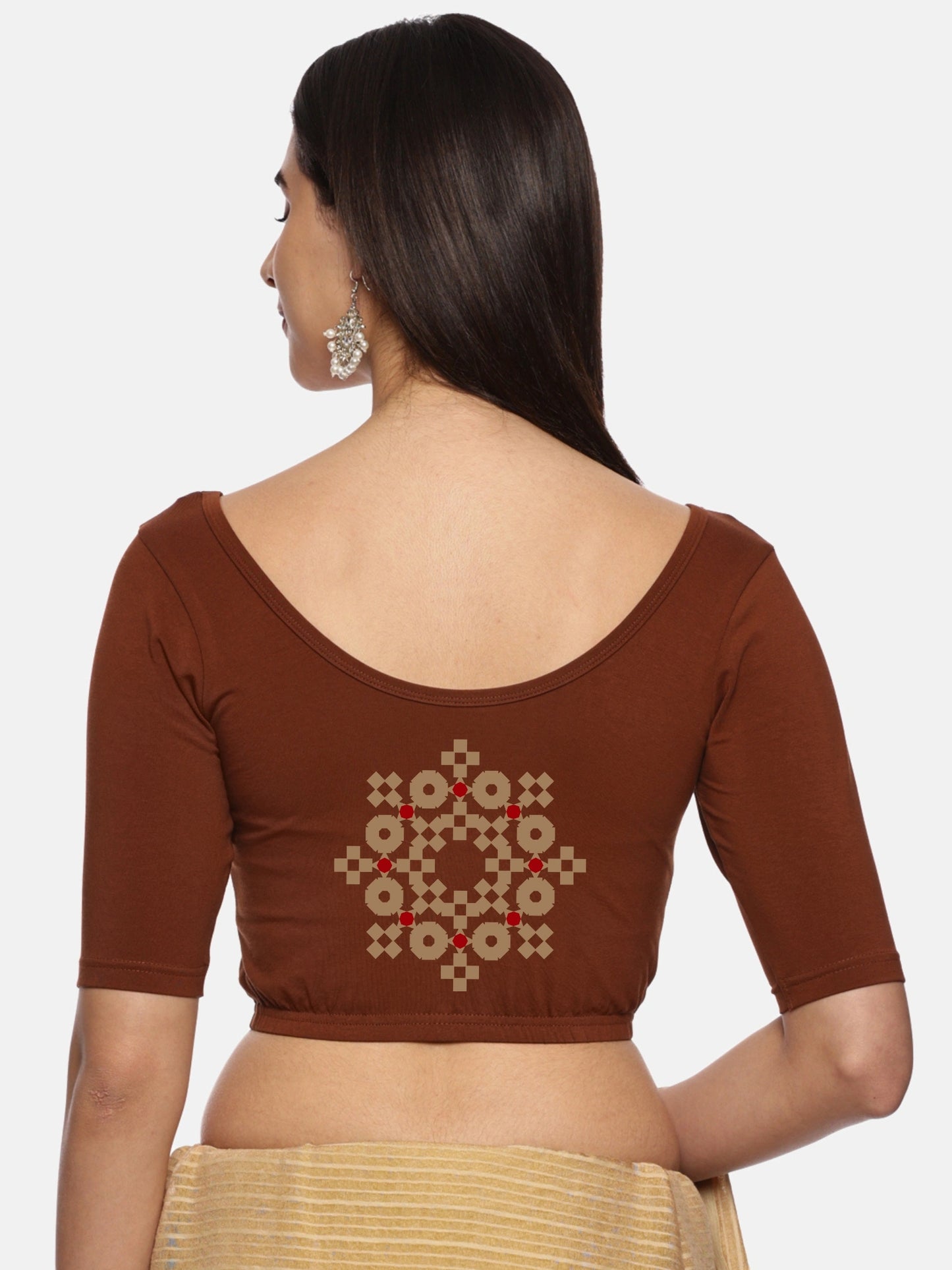 Women Back Printed Stretchable Half Sleeve Blouse U058 Honey Brown