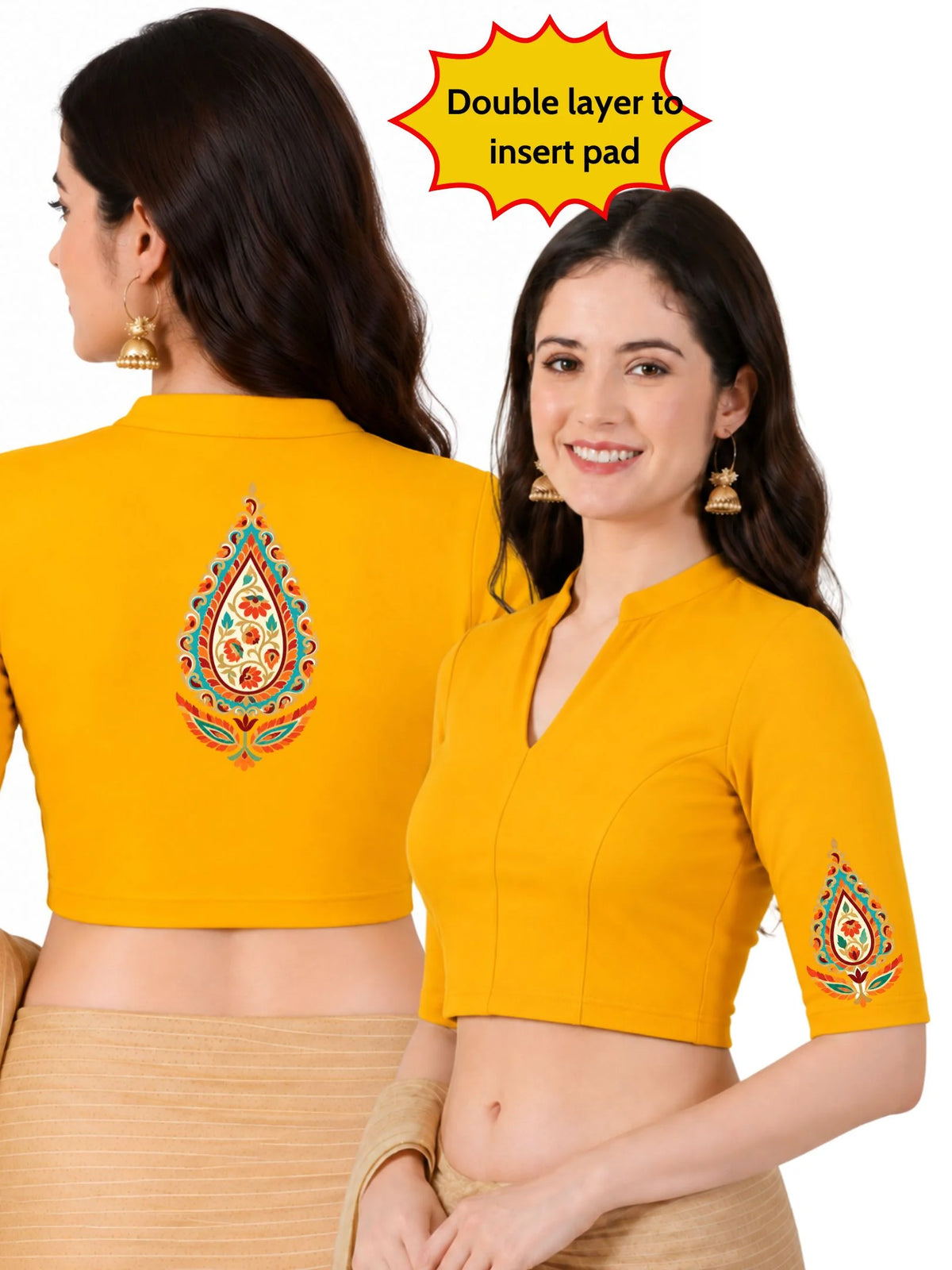 Women Mandarin Collar Back Printed Stretchable Elbow Sleeve Blouse U0279 Golden Yellow