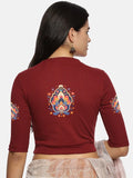 Women Back Printed Stretchable Elbow Sleeve RIB Blouse U0157 Maroon