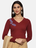 Women Back Printed Stretchable Full Sleeve V Neck RIB Blouse U0217 Maroon