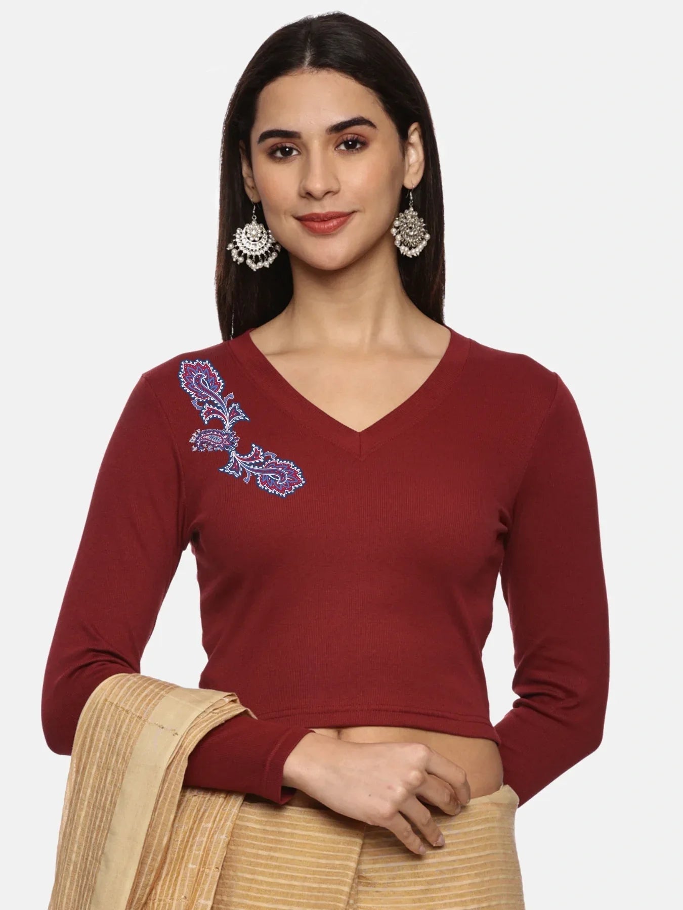 Women Back Printed Stretchable Full Sleeve V Neck RIB Blouse U0217 - notyetbyus