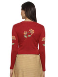 Women Back Printed Stretchable Full Sleeve V Neck RIB Blouse U0211 Red