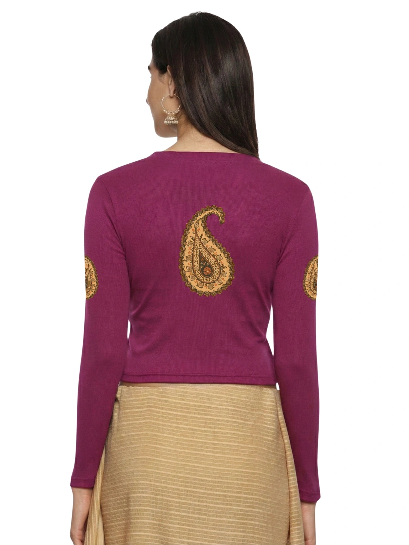 Women Back Printed Stretchable Full Sleeve V Neck RIB Blouse U0186 Wine Pink