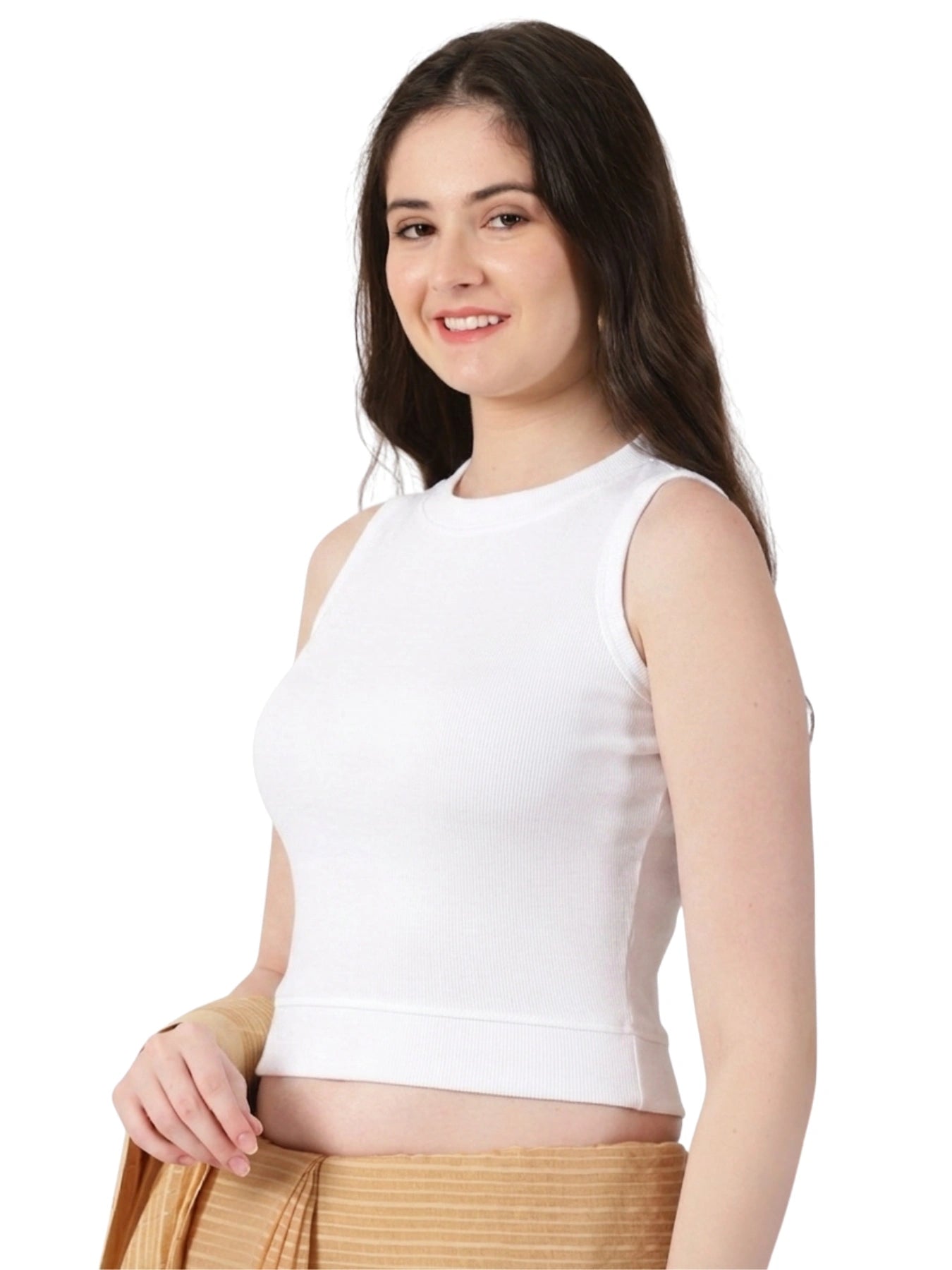 Women Plain Stretchable Sleeveless Close Neck RIB Blouse U0241 White